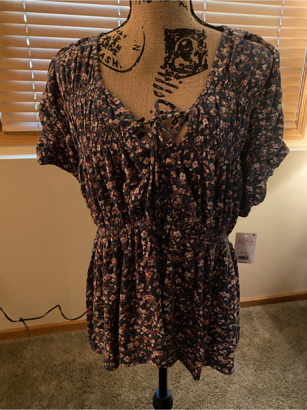 Lucky Brand Navy Floral Tie-Front Peplum Tunic